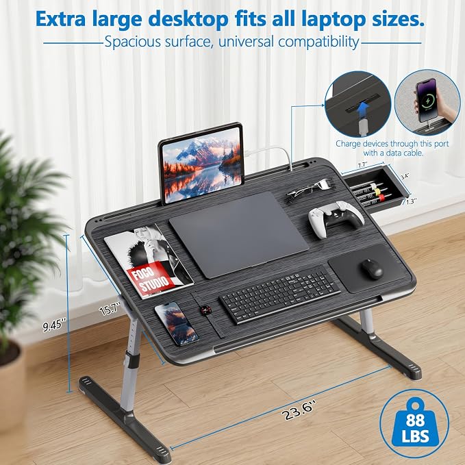 Potuopy Adjustable Lap Desk,Large Smooth Easy-Clean Wood Grain Desktop,Foldable Laptop Bed Tray Table with Storage Drawer,Portable Laptop Stand Fits 17" Laptop for Bed Couch Floor (Light Striped) - Image 2