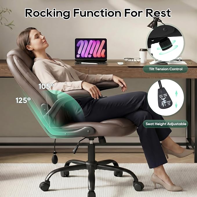 MALOL Leather Office Chair, Computer Desk Chair with Adjustable Lumbar Support, Thick Cushion, Flip-Up Arms and Ergonomic Back, Comfy Executive Office Chair for Home Office Gaming,Brown - Image 8