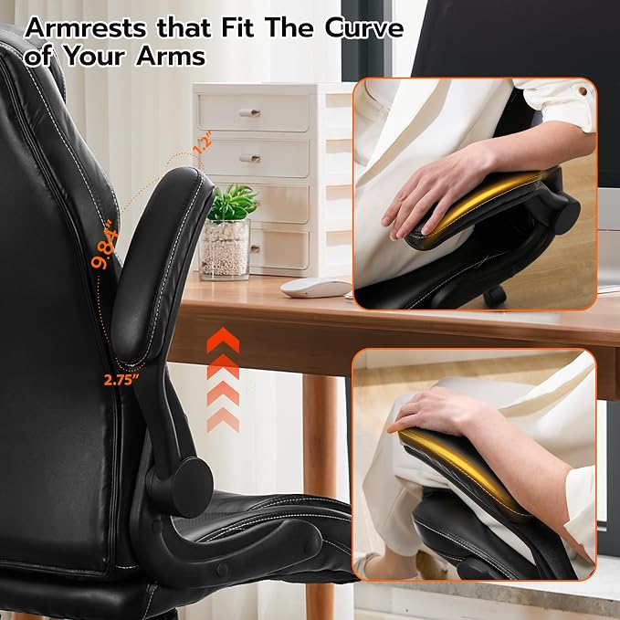 Ylzyxal Office Desk Chair, Ergonomic Computer Chair with Padded Flip-Up Arms and Adjustable Lumbar Support, PU Leather Executive Chair with Tilt Lock and 360° Swivel Rolling Wheels for Work, Study - Image 8