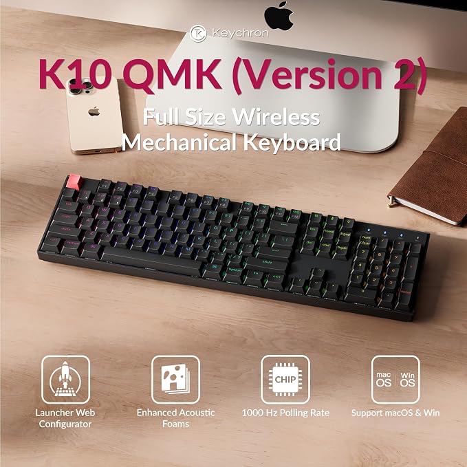 Keychron K10 Full-Size Layout QMK Wireless Mechanical Keyboard, Bluetooth/Wired Hot-Swappable Gaming Keyboard with Keychron Super Brown Switch, RGB Backlight, PBT Keycaps for Mac/Windows-Version 2 - Image 2