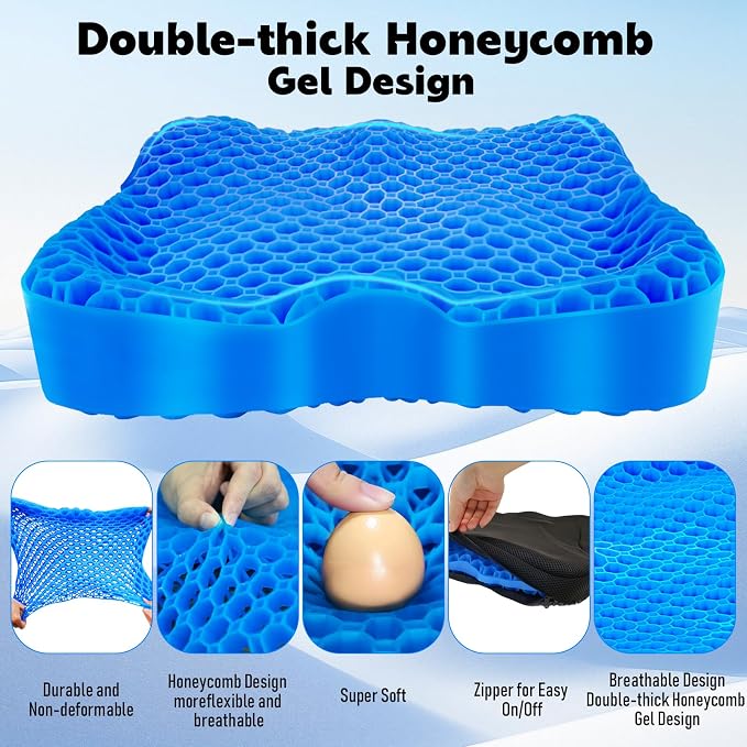 Gel Seat Cushion, Thickened Big Breathable Honeycomb Design Absorbs Pressure Points Gel Cushion with Anti-Slip Cover Seat Cushion for Office Chair Home Car Wheelchair Stadium Bleachers - Image 3
