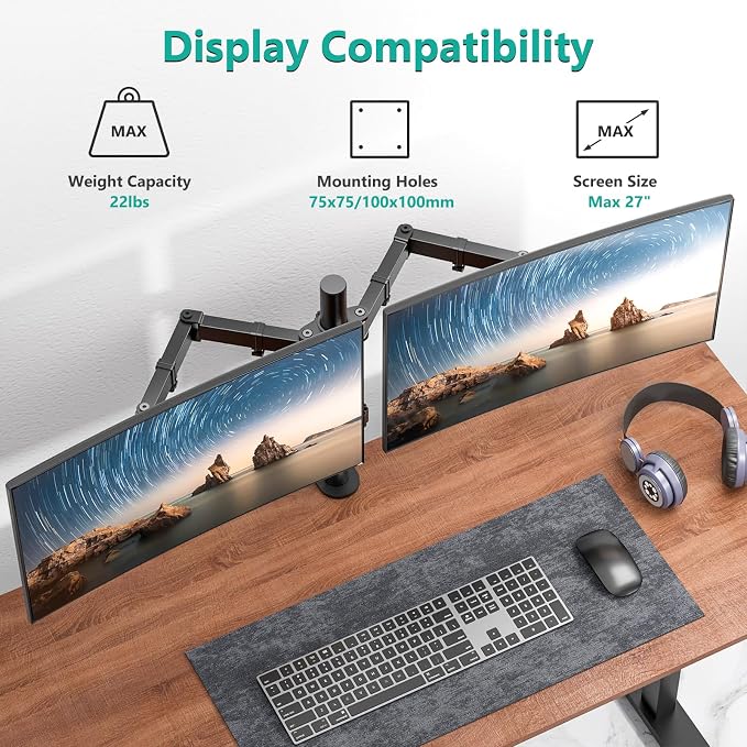 WALI Articulating Dual Monitor Stand for 13-27 inch Screens, 22 lbs per Arm | 2 Monitor Desk Mount, Full Motion with Tilt, Swivel, Rotation, C-Clamp & Grommet Base, VESA 75/100mm (M002), Black - Image 2