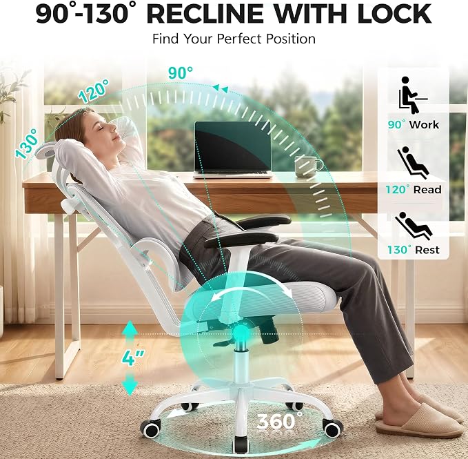 Ergonomic Office Chair High Back Desk Chair with Lumbar Support, Breathable Mesh Computer Chair with Adjustable Armrests Height, Reclining Swivel Big and Tall Gaming Chair for Home Office(Gray) - Image 3