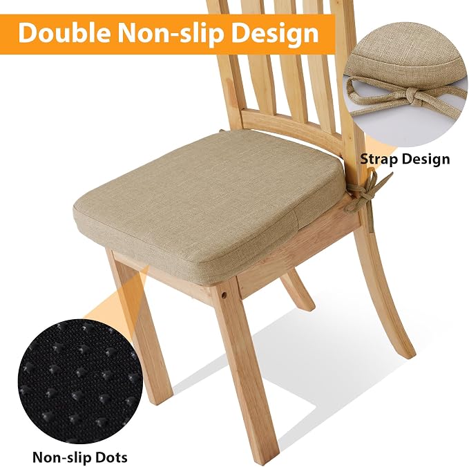 Ruqmuis Chair Cushions for Dining Chairs, 2" Thick Seat Cushions for Kitchen Chairs, D-Shaped Chair Pads with Washable Cover, Ties and Non Slip Backing, 17'' x 16'', Set of 6, Khaki - Image 4
