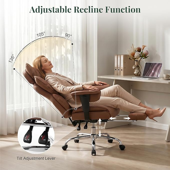 Big and Tall Office Chair 400 LBS, for Adults, Home Office | PU Leather, Executive Ergonomic Desk Chair with Footrest, Lumbar Support, Wide Seat ,Reclining, Adjustable Armrest, Brown - Image 6