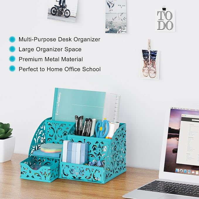 EasyPAG Desk Organizer and Pen Holder for Desk, Mesh Office Supplies Storage Caddy with Drawer for Small Space, Desktop Organizer for Home Office, Dark Teal - Image 3