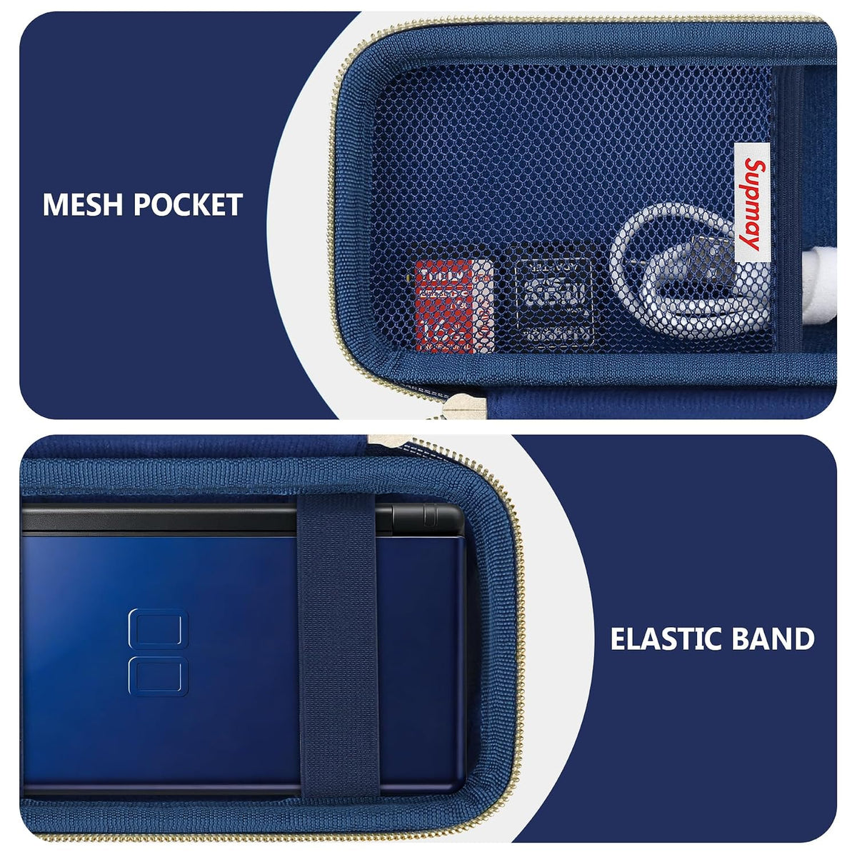 Supmay Hard Carrying Case Compatible with Nintendo DS Lite NDSL, Gameboy Advance Games Storage Holder Travel Bag with Mesh Pocket for USB Charging Cable, Stylus, Earphones, Game Cartridge, Blue - Image 4