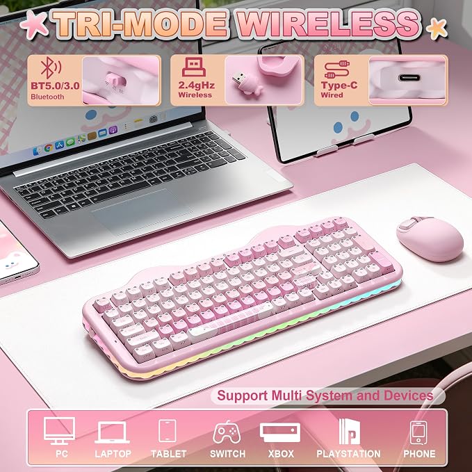 YUNZII C98 Cute Wireless Mechanical Keyboard(Pink Mao, Milk Switch) | Cake Keyboard,99 Keys with Number Pad, MAO Keycaps, BT5.0/2.4G/USB-C,Hot Swap, Gasket Mount, Custom RGB Backlight for Win/Mac - Image 3