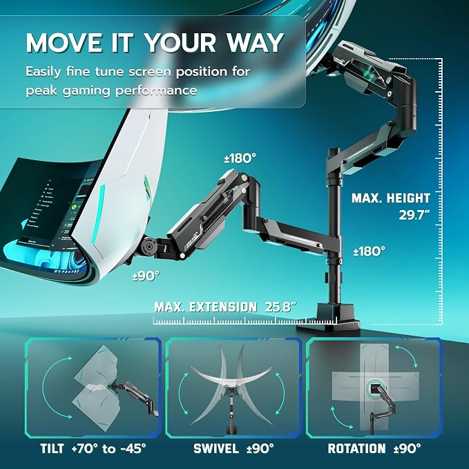ARES WING Heavy Duty Dual Monitor Mount for 24-57 Inch, Black | Adjustable Stacked Gas Spring Desk Mount for 2 Ultrawide Screens, VESA 75/100/200mm Mount - Image 5