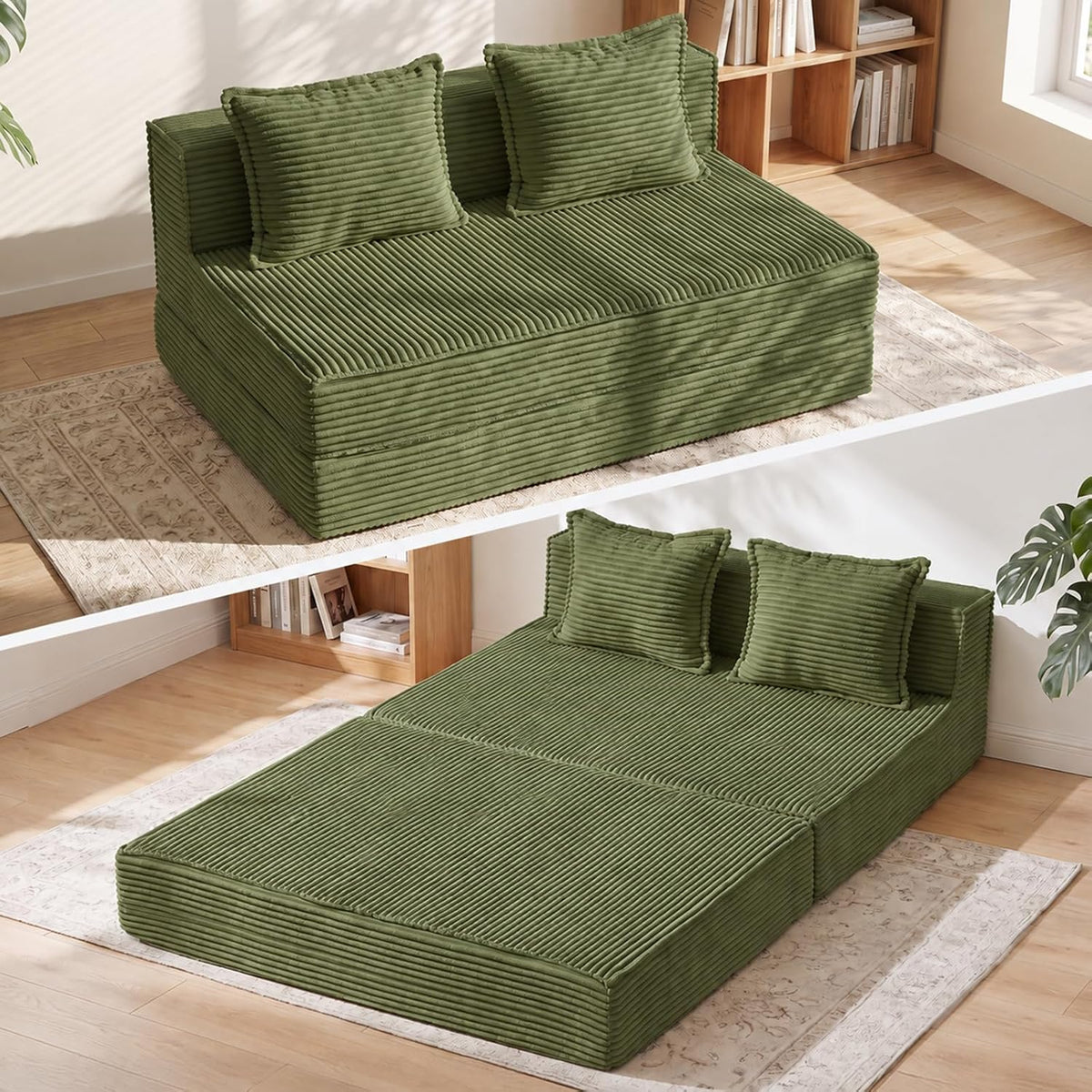 Folding Sofa Bed, 8" Convertible Sleeper Sofa Boneless Couch Fold Out Chair Bed with Pillow, Portable Floor Couch Lounge Sofa for Living Room Bedroom Guest Room (Green, Loveseat) by Erament