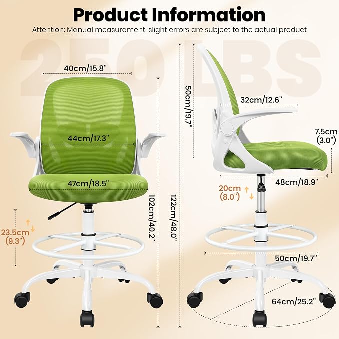 Drafting Chair Tall Office Chair with Flip-up Armrests Executive Ergonomic Computer Standing Desk Chair with Lumbar Support and Adjustable Footrest Ring (Green) - Image 3
