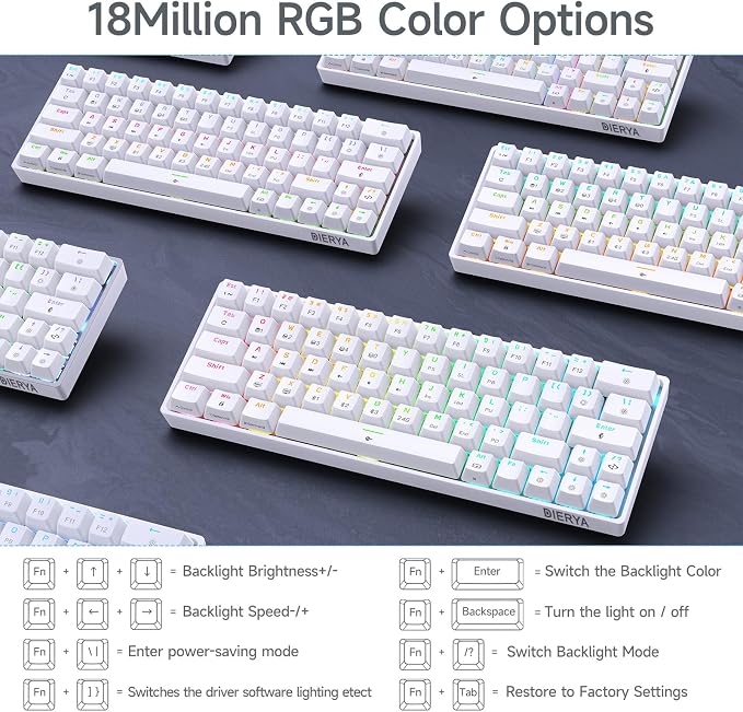 DIERYA DK63 60% Wireless Mechanical Gaming Keyboard | Bluetooth/2.4G/Wired Keyboard | RGB Backlit Compact 63 Keys Mini Office Keyboard | with Blue Switch | for Windows Laptop PC Gamer Typist-White - Image 6