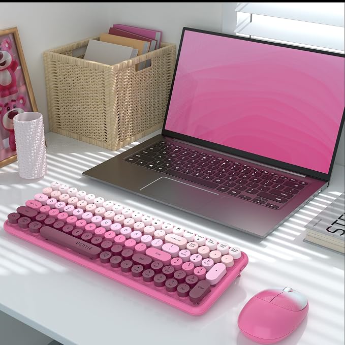 UBOTIE Wireless Keyboards and Mouse Combo (Rosy Gradient) | Colorful Gradient Rainbow Color Retro Typewriter Flexible Keyboard, 2.4GHz Connection and Optical Mouse for PC Wins Mac - Image 2