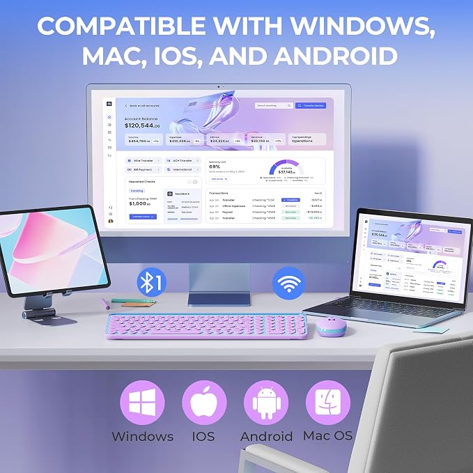 seenda CTU-301 Bluetooth Keyboard and Mouse Combo for iPad,Blue&Purple | Bluetooth+2.4G combo with tablet holder, full-size keys and quiet clicks for iPad, iPhone, Mac, Windows and Android. - Image 7