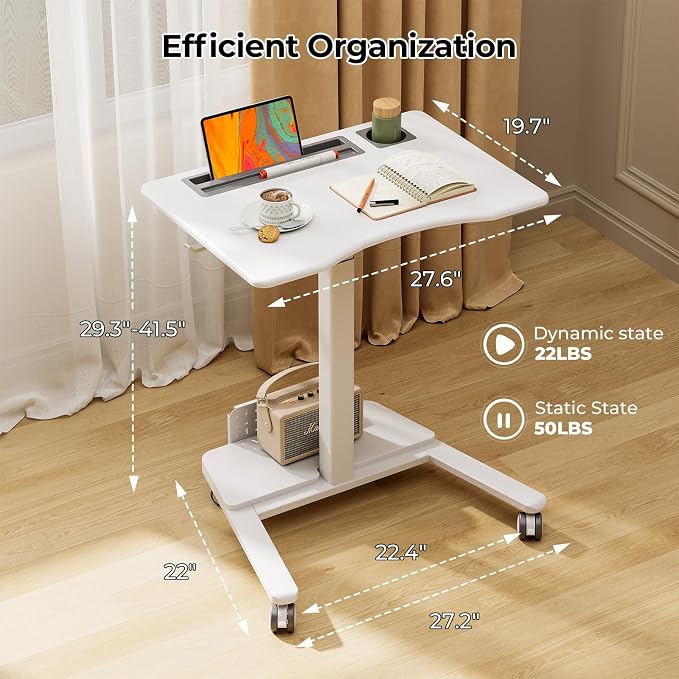 28" Mobile Standing Desk with Storage, Rolling Laptop Desk | Height Adjustable Portable Desk with Wheels & Cup Holder, Stand up Desk for Study, Ideal for Home Office, Classroom, White - Image 2
