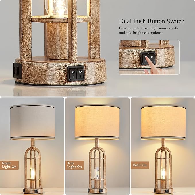 SRJJA Farmhouse Table Lamps for Living Room End Table Set of 2 - Rustic Bedside Lamps for Bedroom Nightstand with Night Light & USB A+C, Bulbs Included - Image 2