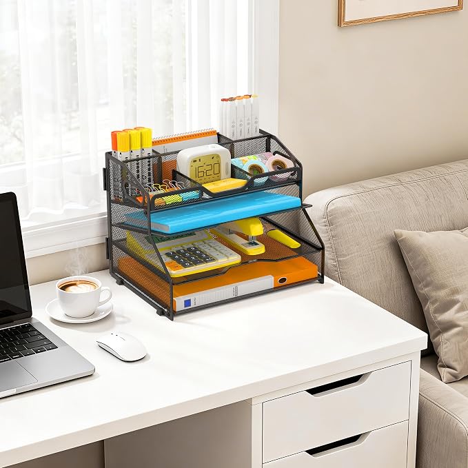 4 Tier Metal Desk Organizer with Magazine File Holder, Black | Space saving workspace desk file trays. Includes pencil holder and portable handles. Ideal for school and office supplies - Image 7