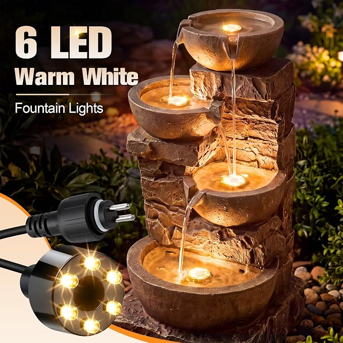 12V Submersible LED Fountain Light Ring, Warm White, 1 Pack | 6 LED Underwater Fountain Lights, 1/2" Water Hose Adapter, 59in Cable for Fountain, Waterfall & Water Features, w/o AC Plug - Image 2