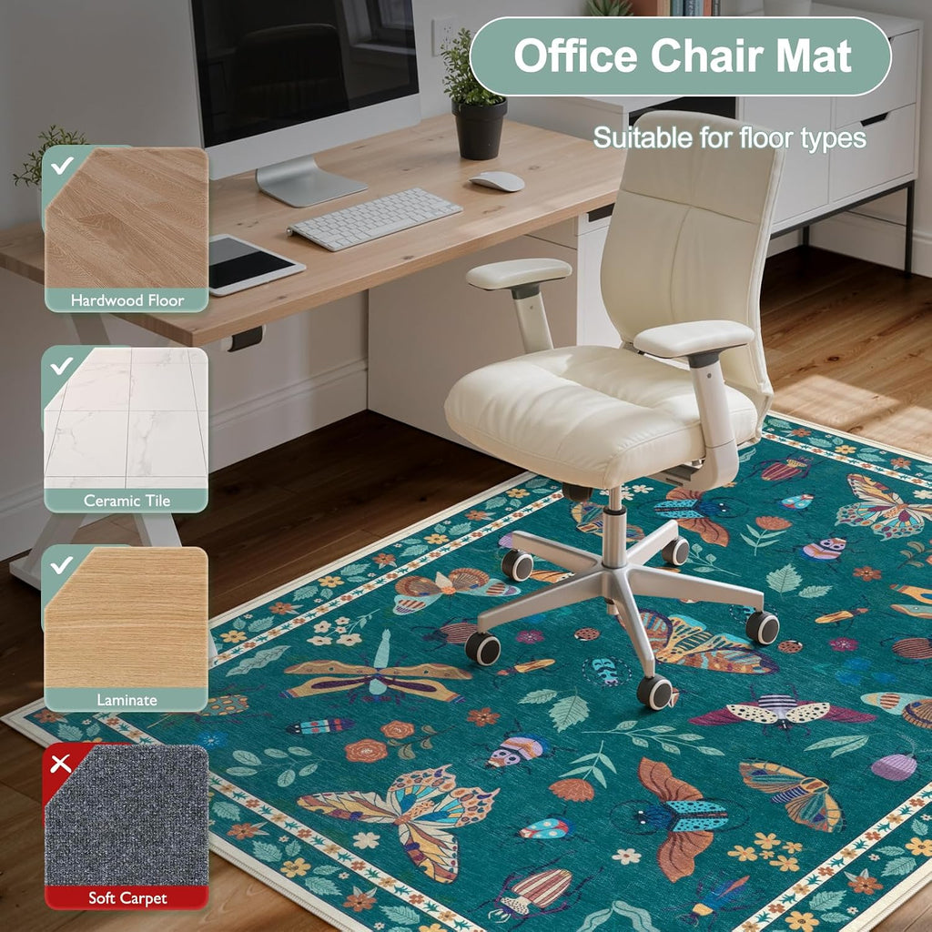 48"x60" Office Chair Mat for Hardwood Floor/Tile, Anti-Slip Desk Rug for Offices, Insect Print Dark Green Office Rugs for Rolling Chairs, Low Plie Gaming Chair Mat for Hardwood - Image 5