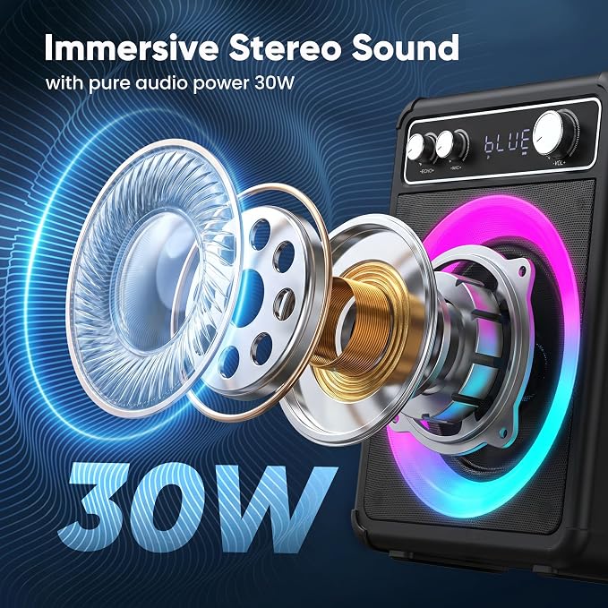 VOSOCO Karaoke Machine, Bluetooth Speaker with 2 Wireless Mics for Adults | 2026 Portable PA System with LED Light, Supports TWS Echo Adjustment TF USB AUX Inputs for Birthday Home Party Outdoor Travel - Image 5