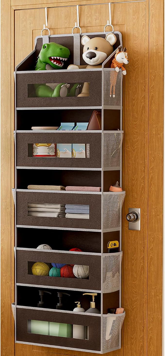 5 Tier Over the Door Organizer for Bathroom, Bedroom, Pantry, Brown | 48 lb Load Capacity, Anti Tilt Design, Hanging Closet Organizer with Clear Windows and 10 Pockets, Door Storage for Nursery by Unknown
