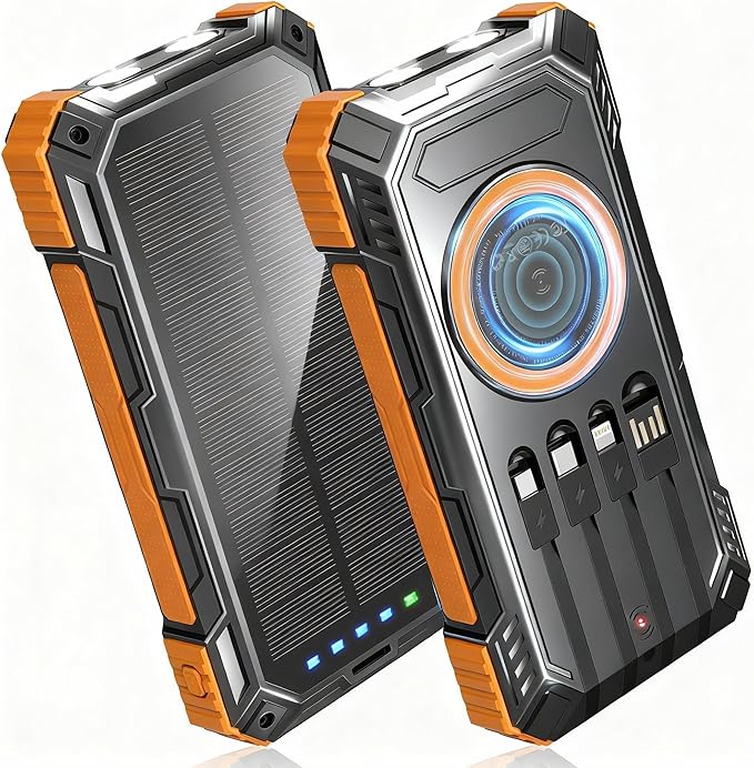 Solar Power Bank,49800mAh Wireless Portable Phone Charger with Built-in 4 Cables,22.5W Fast Charging External Battery Pack PD 3.0 USB-C In/Output for iPhone,iPad,Android,Perfect for Camping, Hiking by Unknown