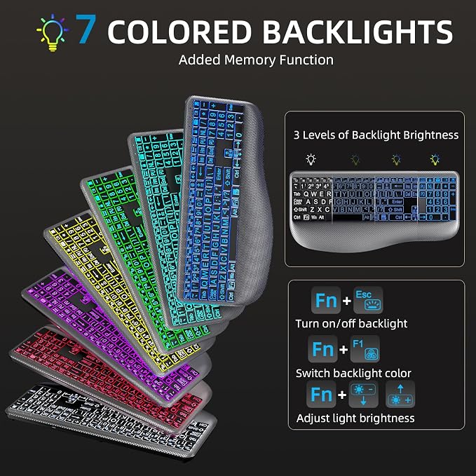 Hamile Large Print Wireless Backlit Keyboard for Windows, Gray | Rechargeable keyboard with quiet low-profile keys, 7-color backlight memory, full-size layout, and extra-large wrist rest - Image 3