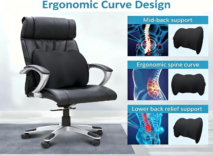 Lumbar Support Pillow Memory Foam Back Cushion for Sciatica & Lower Back Pain Relief Orthopedic Posture Corrector for Office Chair Gaming Chair Car Seat Breathable Washable - Black - Image 2