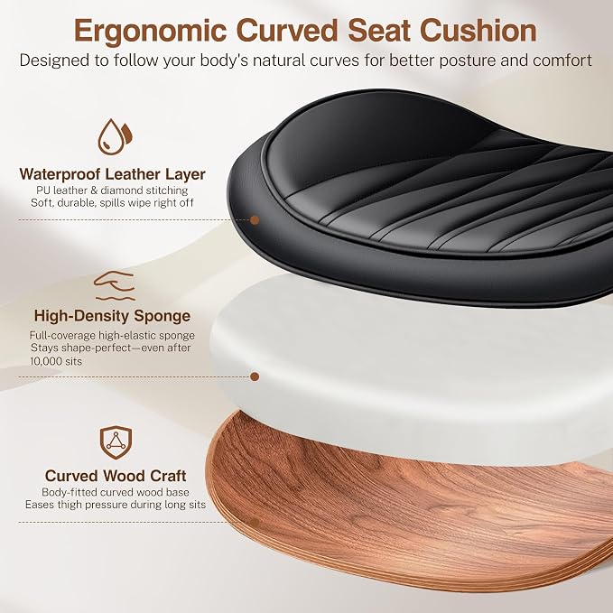 Ergonomic Armless Office Desk Chair - Mid-Century Modern Black Faux Leather with Diamond Stitch, Adjustable Height Swivel Rolling Task Computer Chair with Walnut Accent for Home Office, Study & Work - Image 6