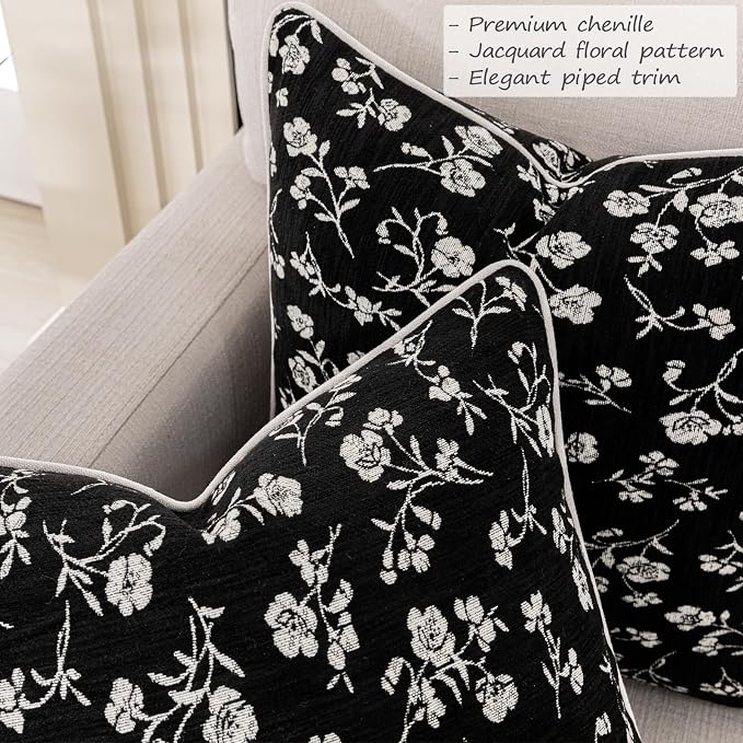 20x20 Chenille Jacquard Throw Pillow Cover, Black Vintage Floral Cushion Case with Piped Edges, Decorative Large Accent for Sofa, Bed & Couch, 2 Pack - Image 3