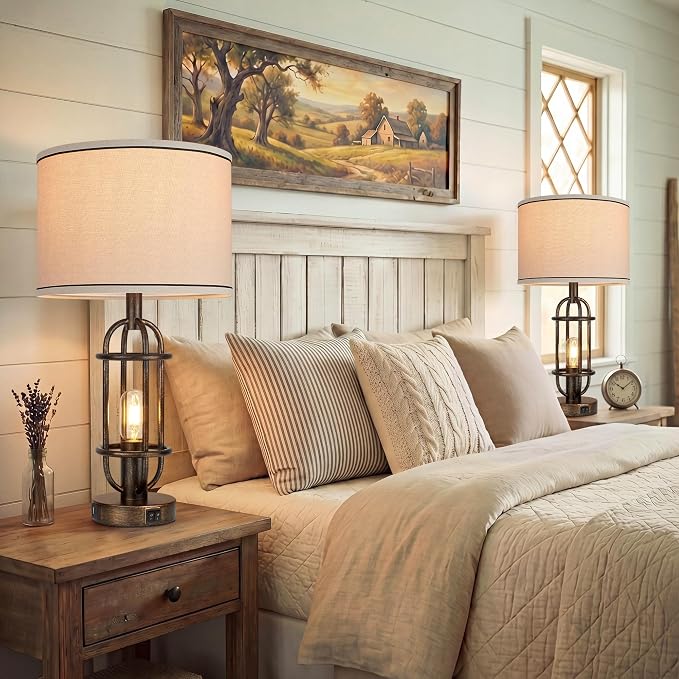 Reaketon Table Lamps for Living Room Set of 2, 22.3" Farmhouse Lamps for Nightstand, Industrial Table Lamps for Bedroom with USB Ports, Retro Bronze - Image 5