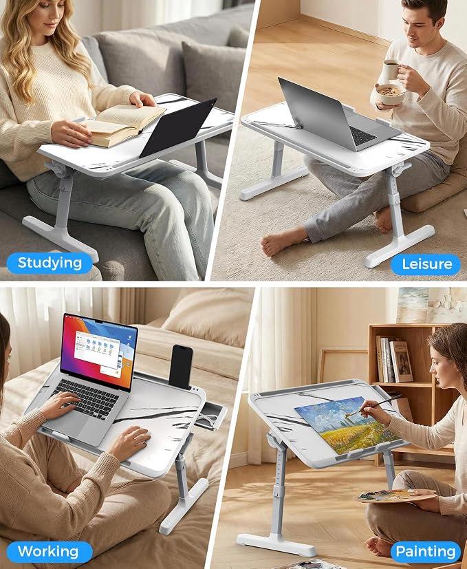 HETTHI Laptop Bed Tray Table, Adjustable Sturdy Laptop Stand for Bed with Premium Materials, Folding Portable Lap Desk with Drawer for Writing Working Reading Eating Couch Floor (Marble, 22.04"×12.2") - Image 4