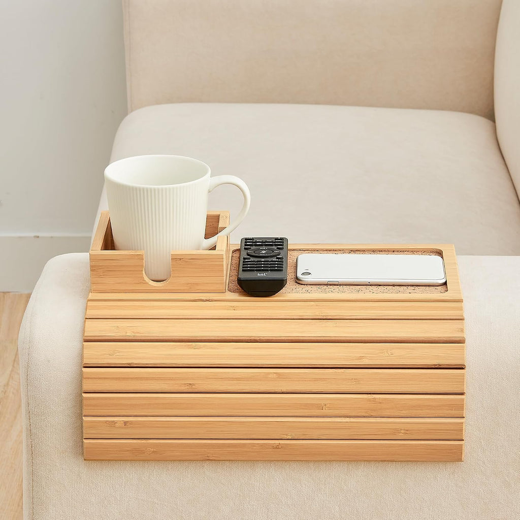 Bamboo Sofa Arm Tray Table, Foldable Couch Cup Holder, Anti-Slip Wide Couch Arm Tray Aremrest Table for Drink, Cup, Remote, Snacks, Cellphone, Portable, Bamboo/Cork Color - Image 8