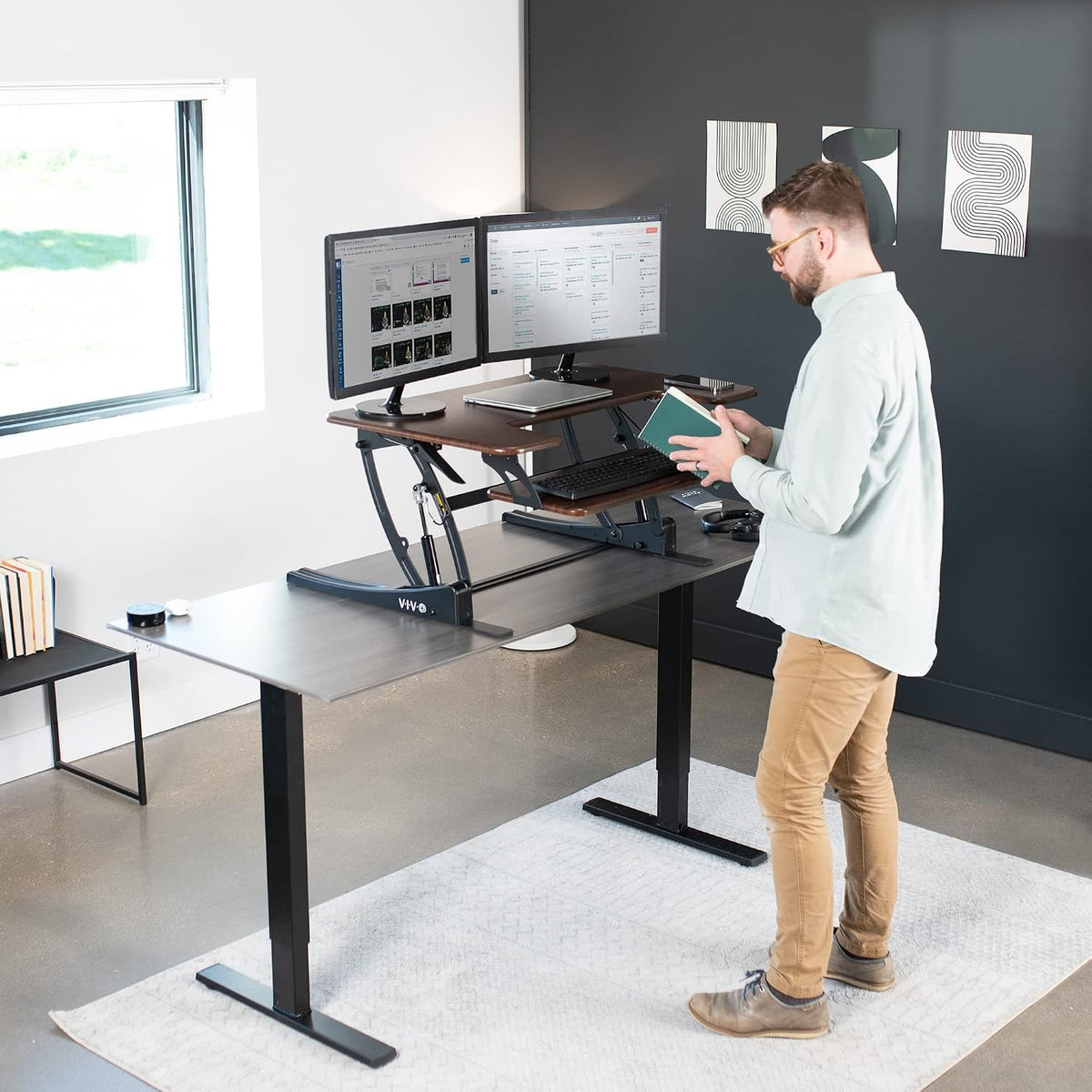 VIVO Dual Tier Standing Desk Converter, 36" Dark Walnut Top - Image 4
