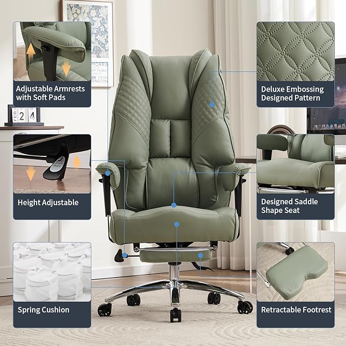EXCEBET Big and Tall Office Chair 400lbs Wide Seat, Leather High Back Executive Office Chair with Foot Rest, Ergonomic Chairs Lumbar Support for Lower Back Pain Relief (Light Green) - Image 3