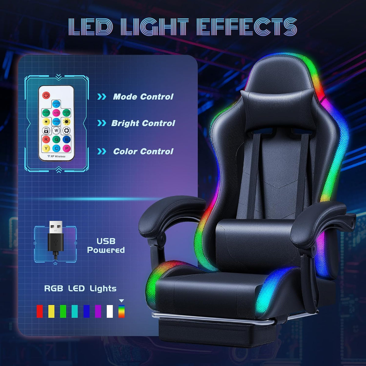 Furmax Gaming Chair with RGB LED Lights, Video Game Chair with Footrest and Massage Lumbar Support, High Back Reclining Computer Chair with Headrest, Swivel Seat Gamer Chair (LED Black) - Image 4