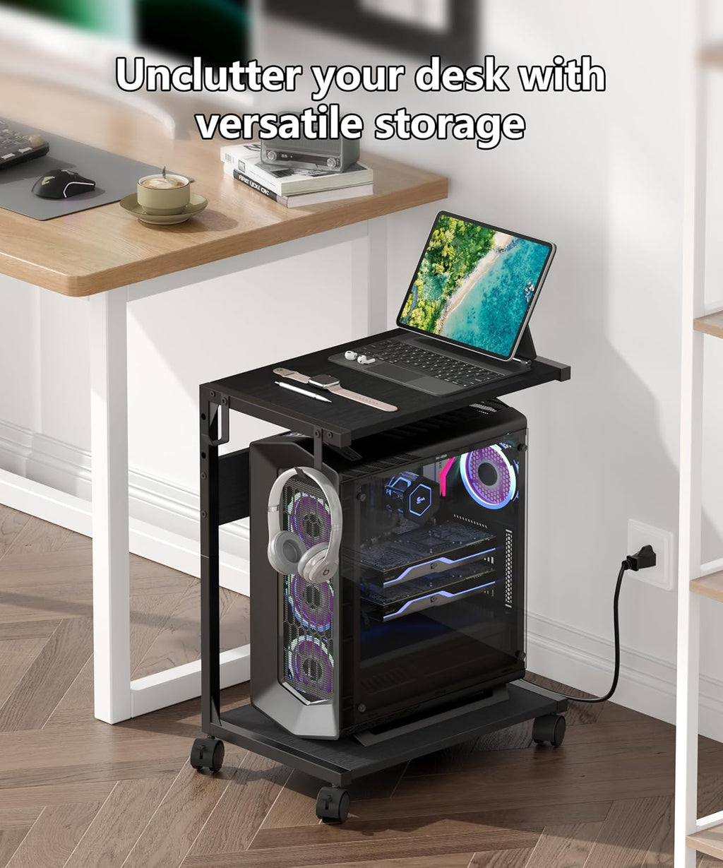 2 Tier Computer Tower Stand with Charging Station, 11.8" D x 16.5" W Rolling Floor PC Tower Stand Fits Under Desk, CPU Holder Cart for Carpet with Hooks, Home Office - Image 3