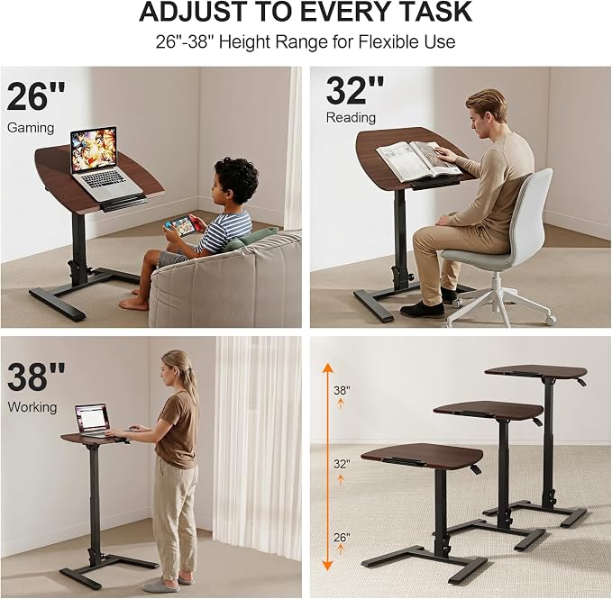 ROMOON Folding Standing Desk with Wheels: No-Assembly, Height Adjustable | Portable Sit-Stand Laptop Cart with Tilt Top, Rolling Computer Table for Home Office, Sofa, Bedroom and Small Spaces, Walnut - Image 7