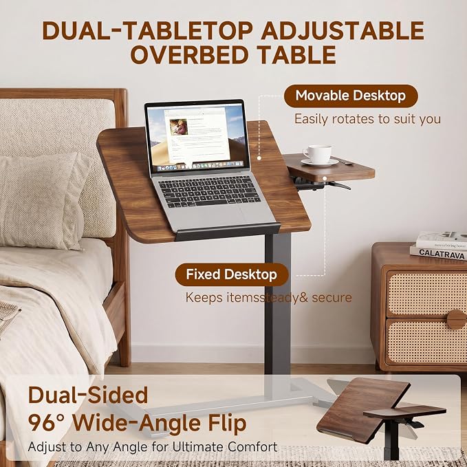 GTPLAYER Pneumatic Adjustable Standing Desk, 28 Inch Tiltable Mobile Rolling Laptop Table with Wheels, Overbed Bedside Table Computer Workstation for Home Office, Walnut - Image 4