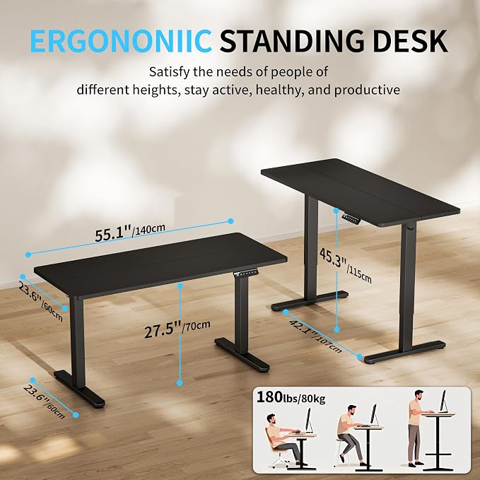 BIZUM Electric Standing Desk, 55" x 24" Height Adjustable Desk, Black Sit to Stand Desk Memory Gaming Computer Workstation for Home Office - Image 2