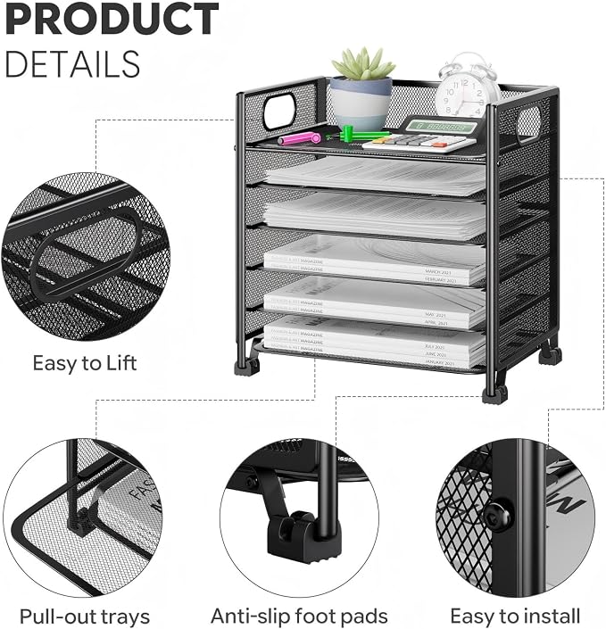 Simple Trending 6-Tier Paper Tray Organizer, File Organizer for Desk, Black | Letter Tray Holder with Handle. Sturdy Metal Frame. Non-slip Feet. Black for Office Home School. 13"L x 8.75"W x 14.6"H - Image 6