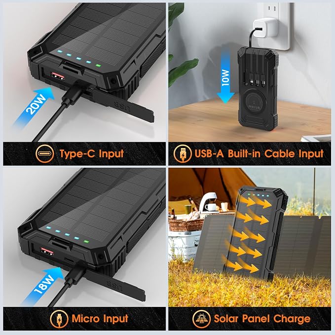 BLASOUL Solar Power Bank,49800mAh Wireless Portable Phone Charger with 4 Built-in Cables,22.5W Fast Charging USB-C in/Output External Battery Pack for iPhone,Android,Perfect for Hiking/Camping - Image 6