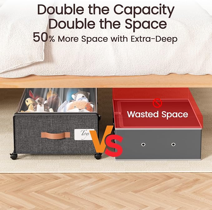 Yecaye 82L Under Bed Storage Containers, Fits 9.4" Under Bed, 2 Pack, Grey | XXL Capacity, 360° Rolling Wheels, Sturdy Metal Frame, Clear Window & Label, Storage Bins for Clothes, Blankets, Shoes - Image 4