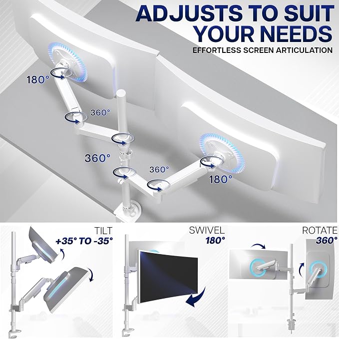 VIVO Dual Monitor Arm Extra Tall Mount for Screens up to 32 inches, Mechanical Height Adjustment, Full Articulating Heavy Duty VESA Stand with Desk C-clamp and Grommet, White, STAND-V012KW - Image 5