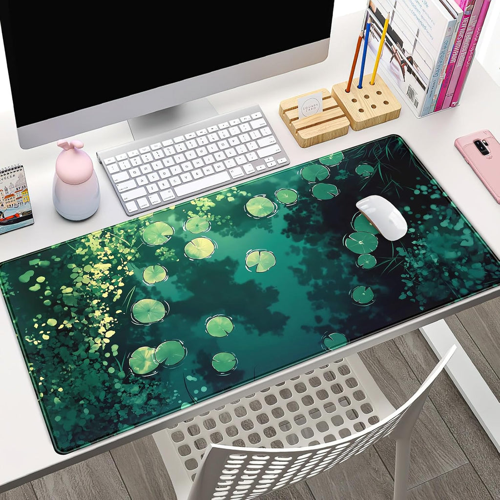 Lily Desk Mat Green Mouse Pad Large Cute Pond Desk Pad Gaming Mousepad XXL 31.5''X15.7'' Plant Aesthetic Extended Big Keyboard Mouse Mat Kawaii Gift for Office Decor - Image 4