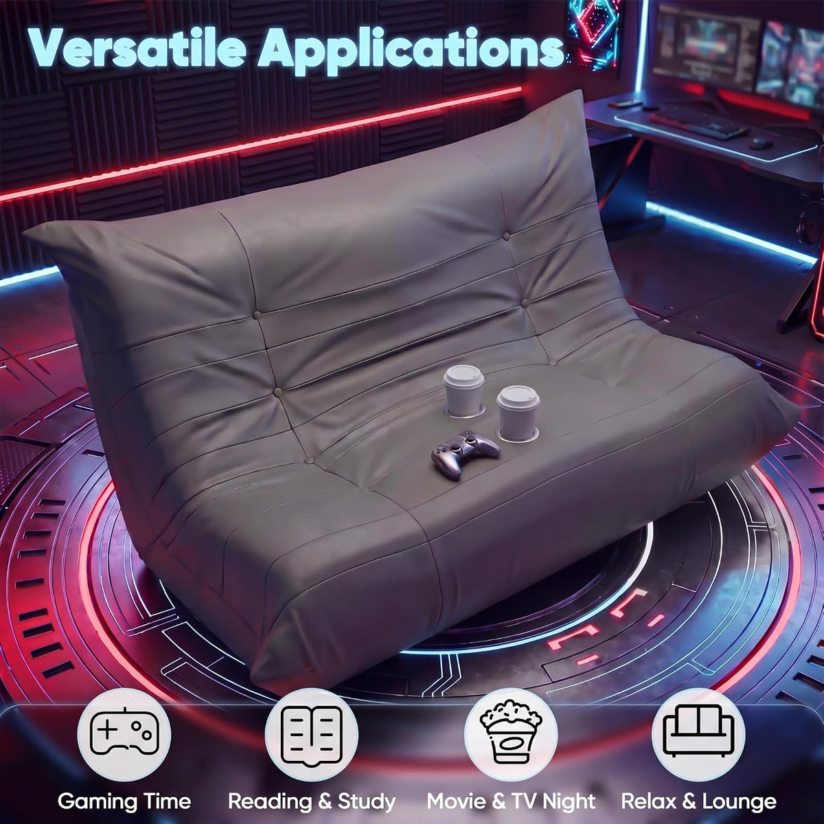 Homall Floor Gaming Chair Boneless Loveseat Couch, Ergonomic Floor Sofa Couch with Cup Holders, Leather Lazy Floor Lounger for Gaming, Reading, Relaxing, Watching TV (Grey) - Image 3