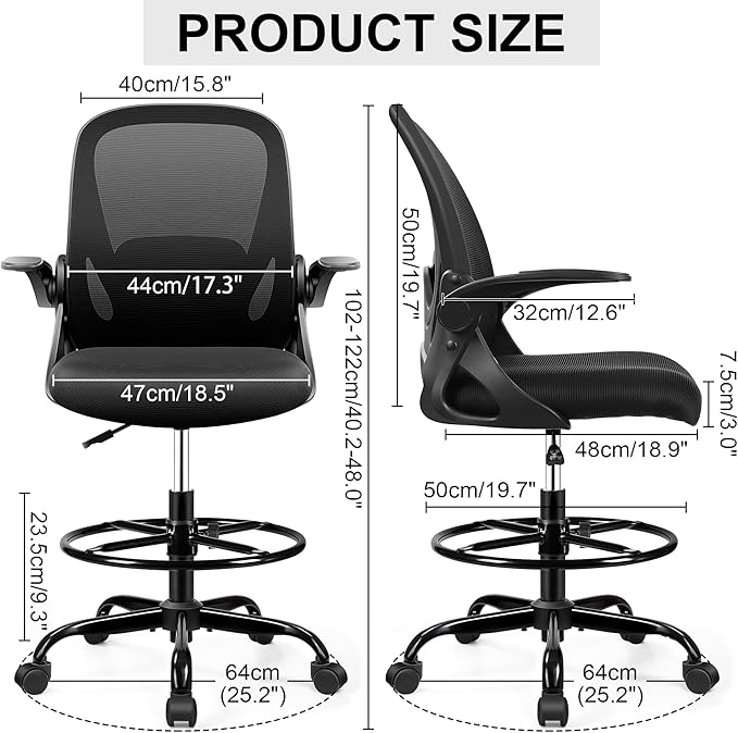 Drafting Chair Tall Office Chair with Flip-up Armrests, Adjustable Height, and Enhanced Lumbar Support - Ergonomic Rolling Stool, Back Support, and Adjustable Foot Rest Ring for Standing Desk Black - Image 2