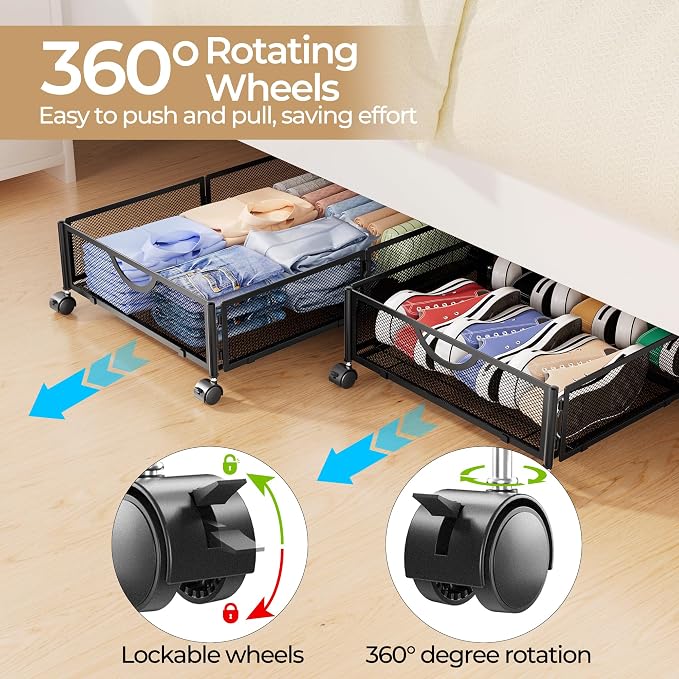 Yecaye Under Bed Storage with Wheels, 2 Pack Under Bed Shoe Storage, Black | Sturdy All-Metal Frame, Foldable, 360° Rolling Wheels, Tool-free Assembly, Underbed Storage Drawers for Shoes, Toys, Clothes - Image 3