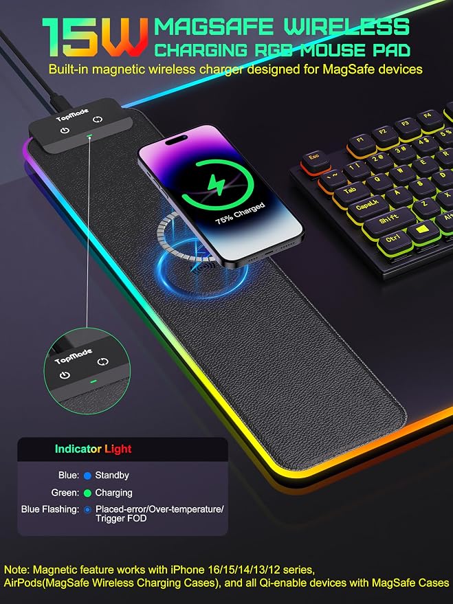 TopMade Mouse Pad with Wireless Charging, 31.5" x 11.81" Large Desk Mat RGB Gaming Mousepad, LED Desk Pad Keyboard Pad, Waterproof Desk Pad (Includes 20W PD Power Adapter & 6.56ft Woven Cable) - Image 2