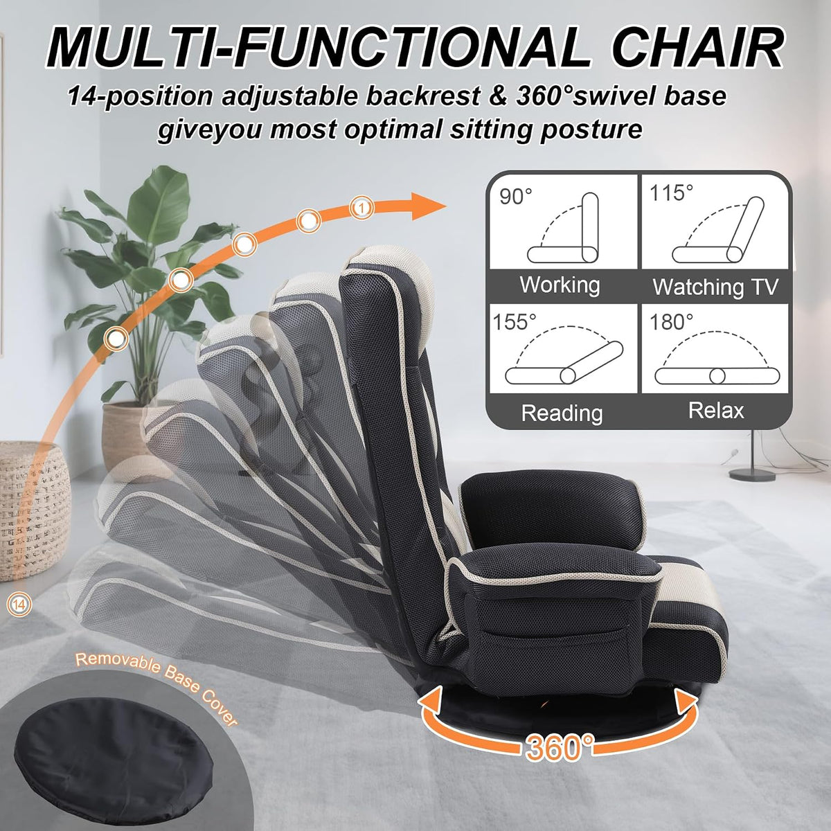 Ergonomic Gaming Chair, 6-Position Reclining Sofa Bed with Lumbar Support, Foldable Floor Lounger with Thick Cushion, Armrests & Side Pockets for Reading, Brown/Beige - Image 5